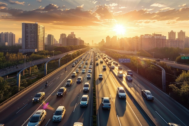 Un'autostrada piena di traffico al tramonto