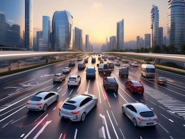 un'autostrada trafficata con molte auto e autobus al tramonto in città