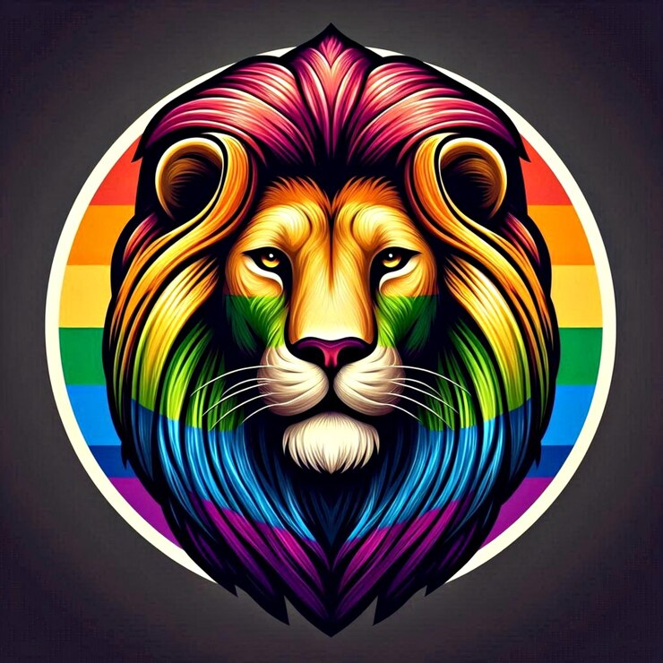 Un avatar di leone con una criniera color arcobaleno che rappresenta la diversità e l'orgoglio