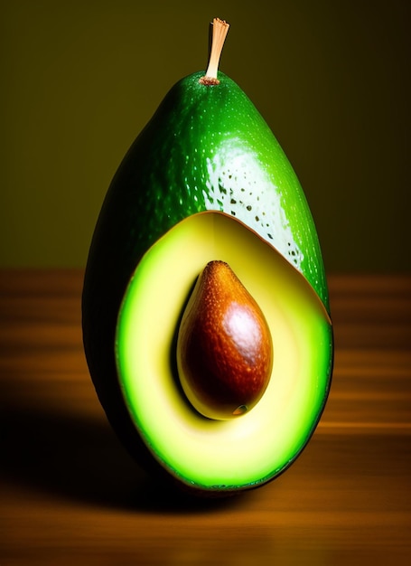 Un avocado con dentro una pera si trova su un tavolo di legno.