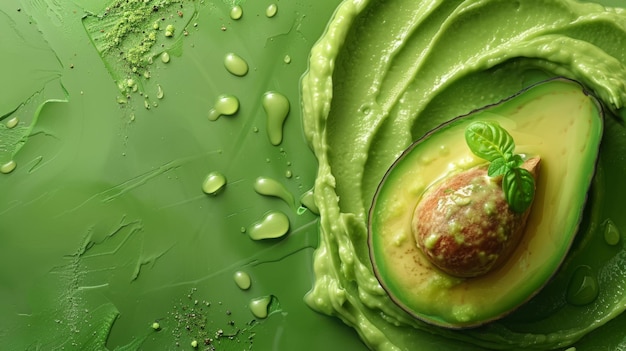 Un avocado fresco che viene tagliato a fette con un vortice di guacamole accanto