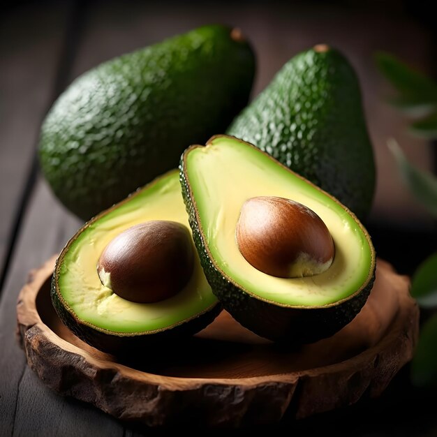 Un avocado tagliato a metà su un piatto di legno