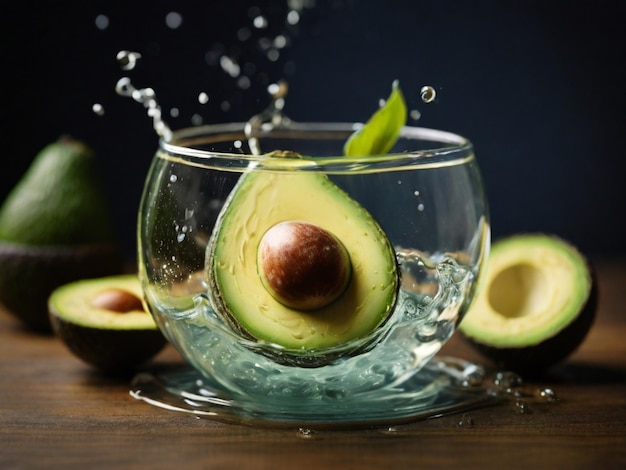 un avocado viene spruzzato in una ciotola d'acqua