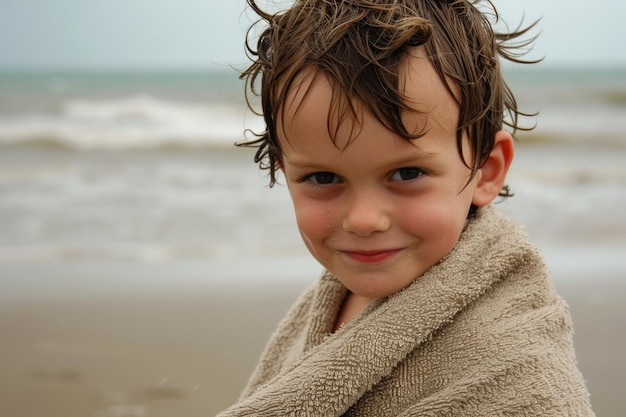 Un'avventura al mare con un ragazzino avvolto in un asciugamano beige il suo occhio e il suo sorriso riflettono i momenti giocosi vicino all'oceano