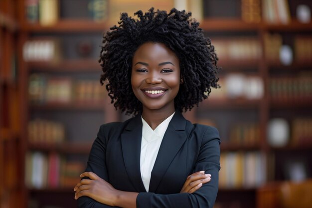 Un avvocato afroamericano sicuro di sé con le braccia incrociate che trasuda potere e leadership in uno studio legale.