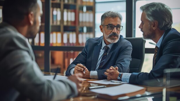 Un avvocato che si consulta con un cliente in una sala conferenze