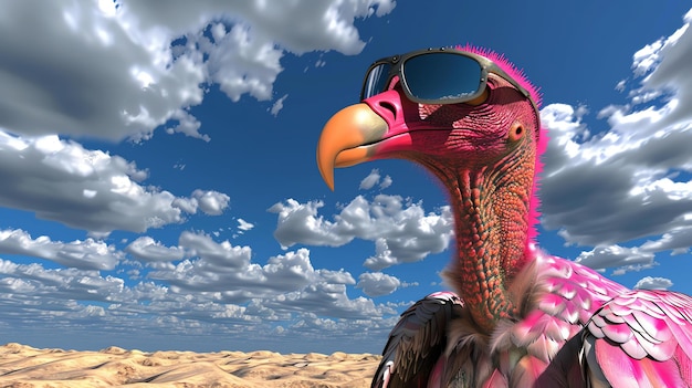 Un avvoltoio rosa con occhiali da sole neri è in piedi nel deserto L'avvoltoio sta guardando a destra del fotogramma