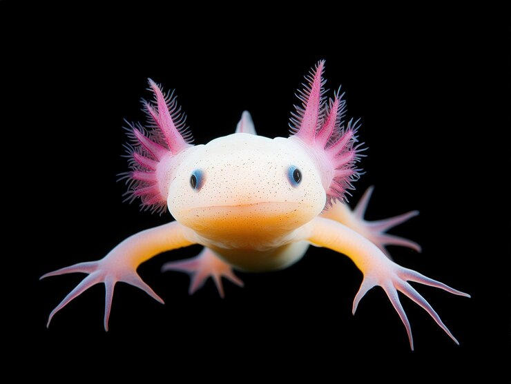 Un axolotl nuota graziosamente in un oscuro habitat sottomarino con branchie vibranti