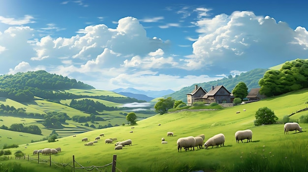 Un'azienda agricola con casa colonica e pecore al pascolo su una collina