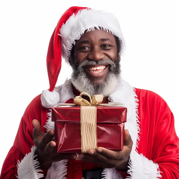 Un Babbo Natale africano che tiene in mano una gigantesca scatola regalo con un sorriso isolato su uno sfondo bianco