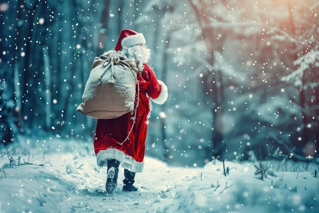 Un Babbo Natale che cammina attraverso una foresta innevata portando un grande sacco di regali