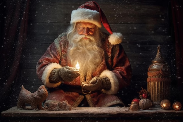 Un Babbo Natale con una candela in mano siede davanti a una casa di legno.