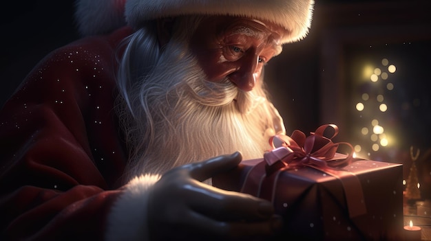 Un Babbo Natale presenta un regalo in una stanza buia.