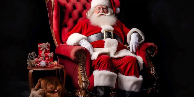 Un Babbo Natale siede su una sedia con una tazza di caffè e una bottiglia di vino.
