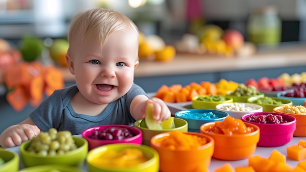 Un baby sitter con ciotole di frutta e verdura diversa