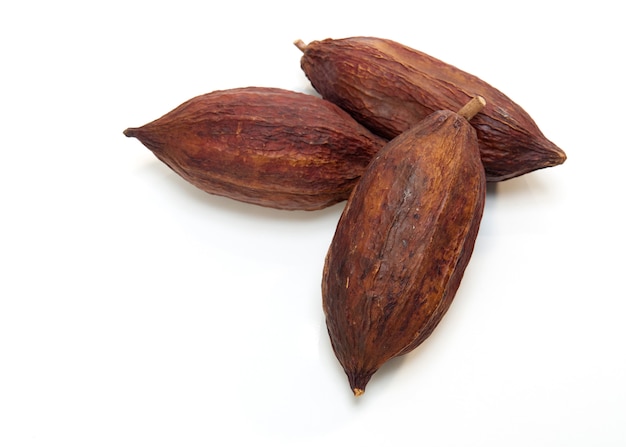 Un baccello di tre cacao su un bianco