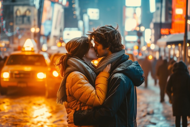 Un bacio appassionato sulla vivace strada della città di notte