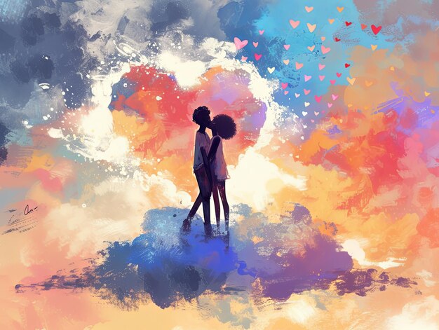 Un bacio di coppia di San Valentino sulla nuvola in stile pittura