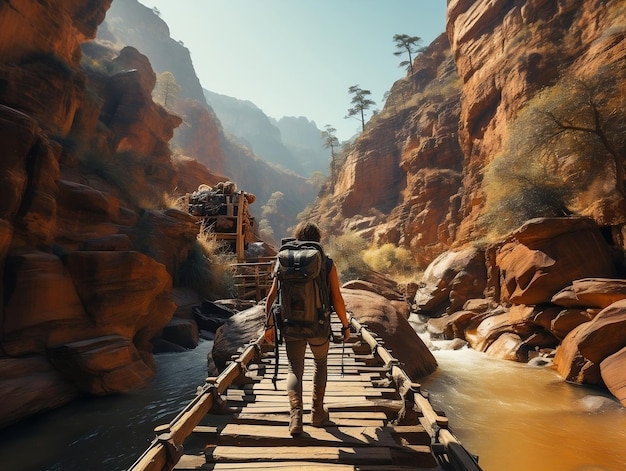 Un backpacker che attraversa un ponte sospeso traballante su un profondo canyon