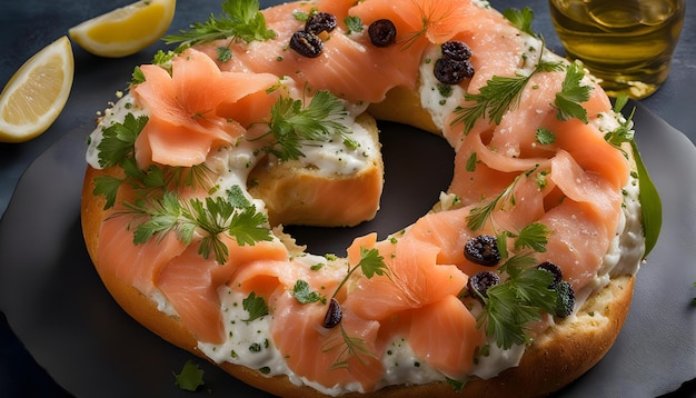 un bagel con salmone e prezzemolo sopra