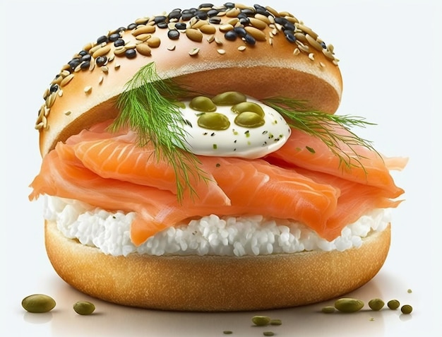 Un bagel con salmone sopra con crema di formaggio e aneto.