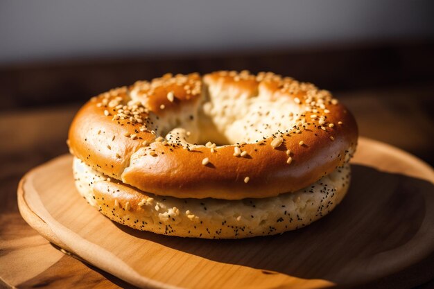 Un bagel con semi di papavero su di esso si trova su un piatto di legno.