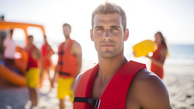 Un bagnino sulla spiaggia che guarda l'orizzonte