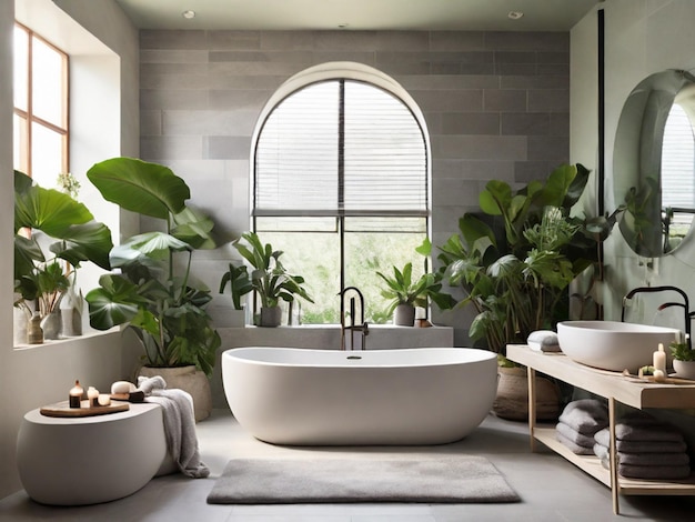 Un bagno a spirale di Spagna con piastrelle di pietra grigio fresco una vasca da bagno indipendente in bianco puro e lussuoso