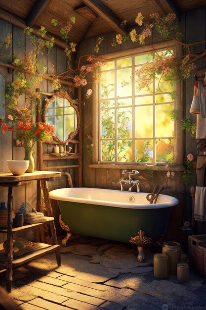 Un bagno all'interno di un cottage con un grande albero