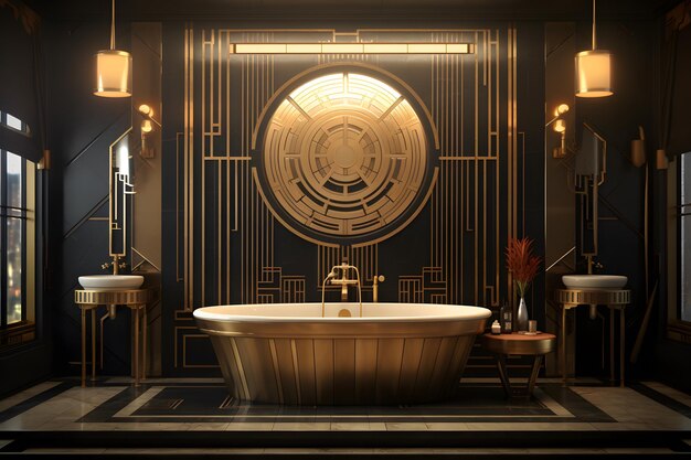 Un bagno Art Decothemed con un colore nero e oro