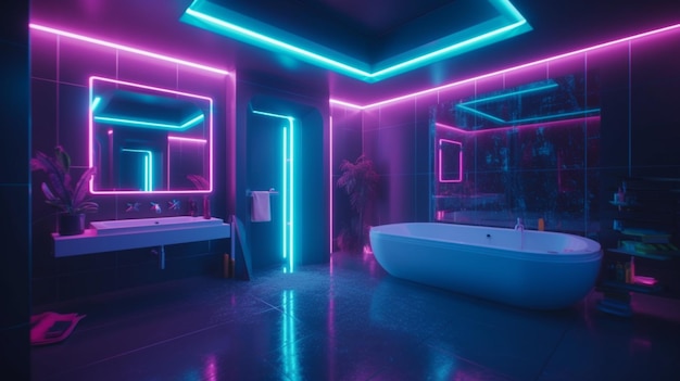 Un bagno con luci al neon e una vasca con vasca e lavandino.