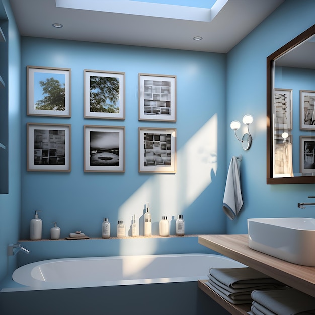 un bagno con pareti blu e immagini sul muro interno moderno bagno con colore blu chiaro