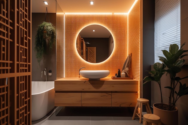 Un bagno con specchio tondo e lavabo in legno.