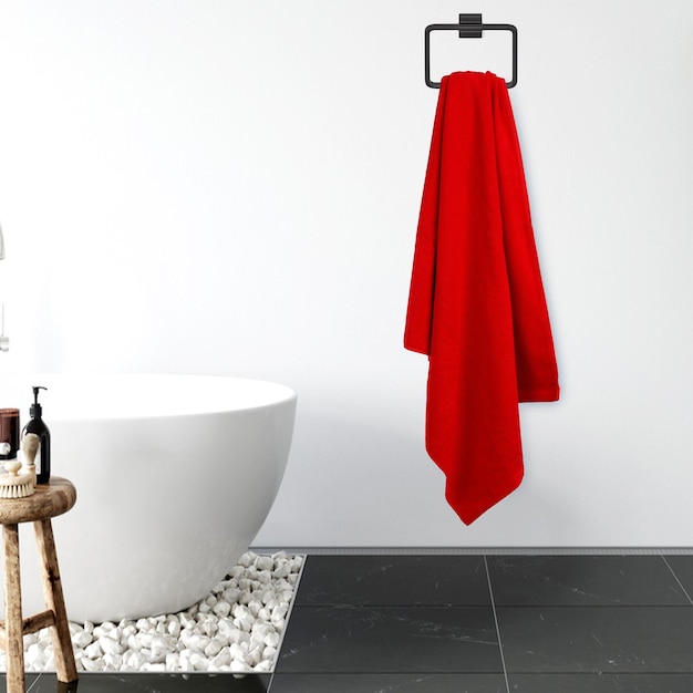Un bagno con un asciugamano rosso appeso al muro e una vasca bianca sullo sfondo