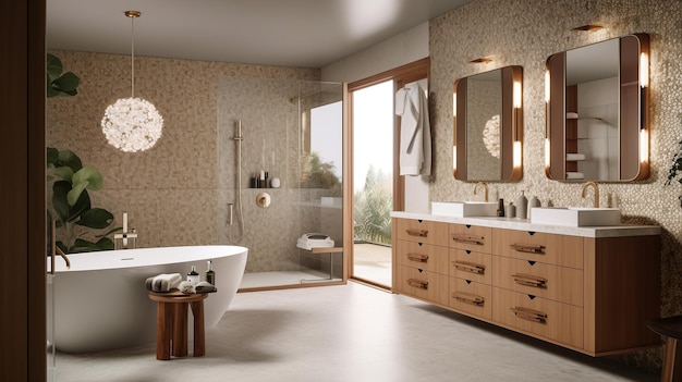 Un bagno con un grande specchio e una grande vasca da bagno con lavabo in legno e porta a vetri.