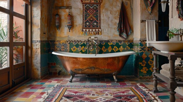 Un bagno con un mix di modelli e texture non convenzionali che creano un santuario bohémien