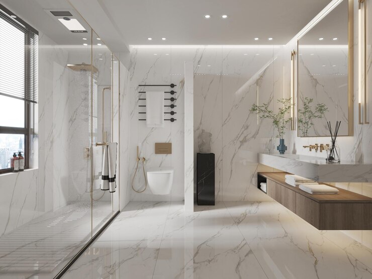 Foto un bagno con una grande doccia e una vasca con una testa di doccia