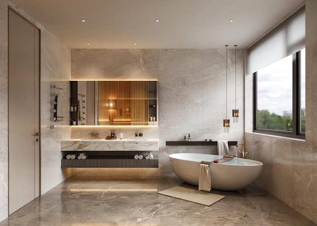 Un bagno con una grande vasca e una grande finestra
