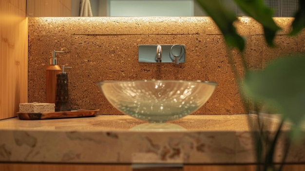 Un bagno con una parete accentuata di sughero dietro la vanità con un lavandino di vaso fatto di riciclato