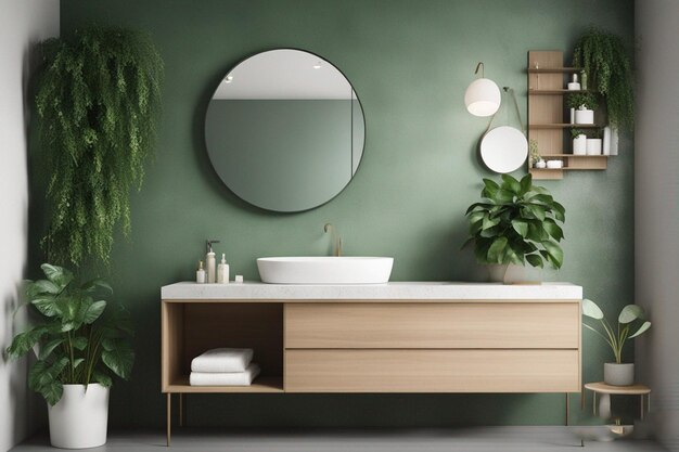 un bagno con una parete verde e un lavandino bianco e una parete verde con una pianta verde nell'angolo.