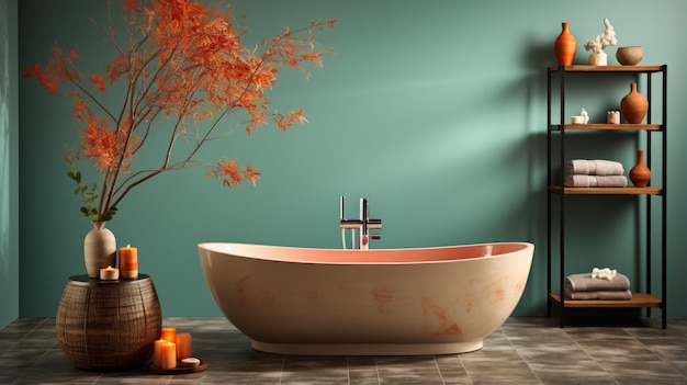 Un bagno con una vasca da bagno rosa una parete verde e un albero con foglie rosse