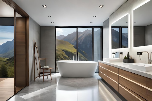 Un bagno con una vasca e le montagne sullo sfondo