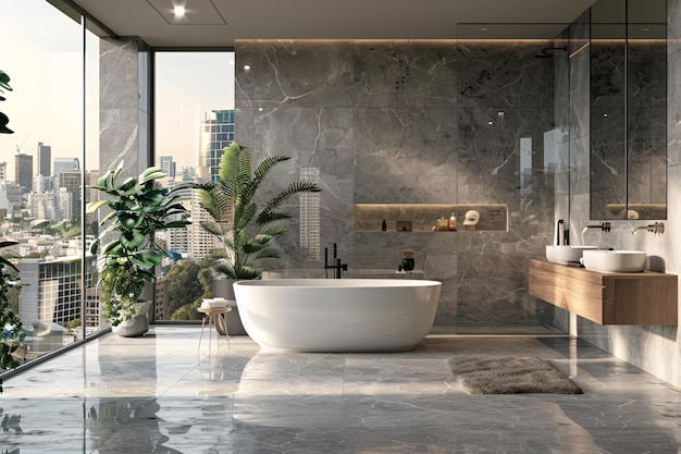 un bagno con una vasca e piante