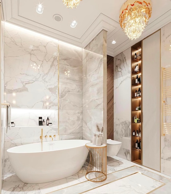 un bagno con una vasca e un grande specchio