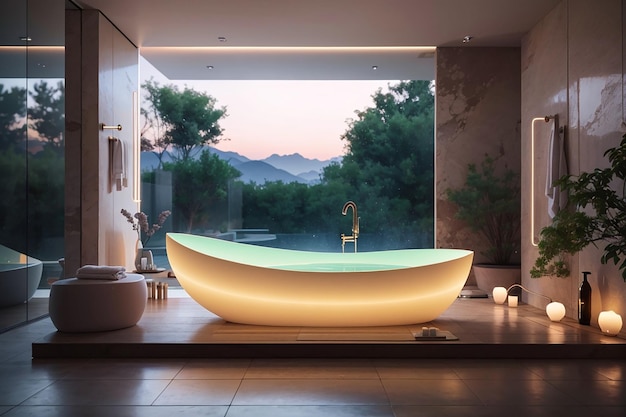 Un bagno con una vasca luminosa e uno specchio che proietta un paesaggio virtuale