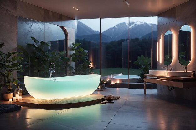 Un bagno con una vasca luminosa e uno specchio che proietta un paesaggio virtuale