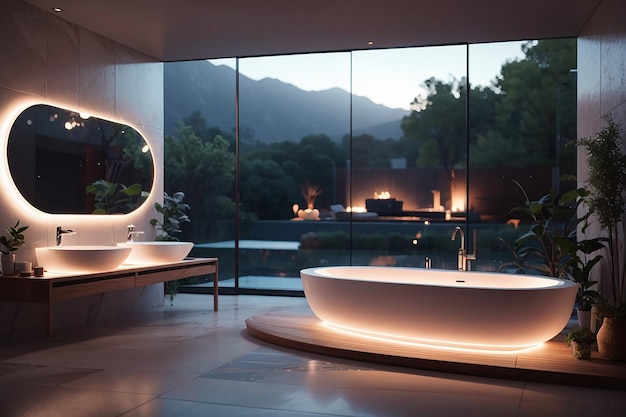 Un bagno con una vasca luminosa e uno specchio che proietta un paesaggio virtuale