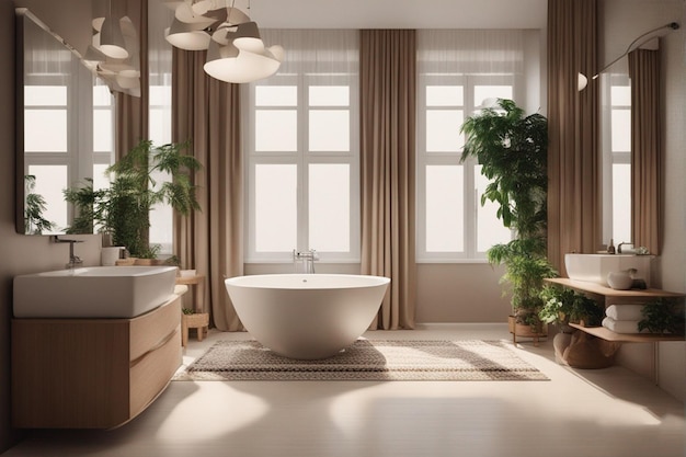 Un bagno con vasca e finestra con le tende aperte.
