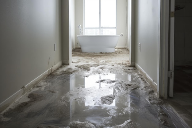 Un bagno con vasca e vasca al centro del pavimento.