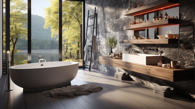 un bagno con vasca freestanding e mensola in legno